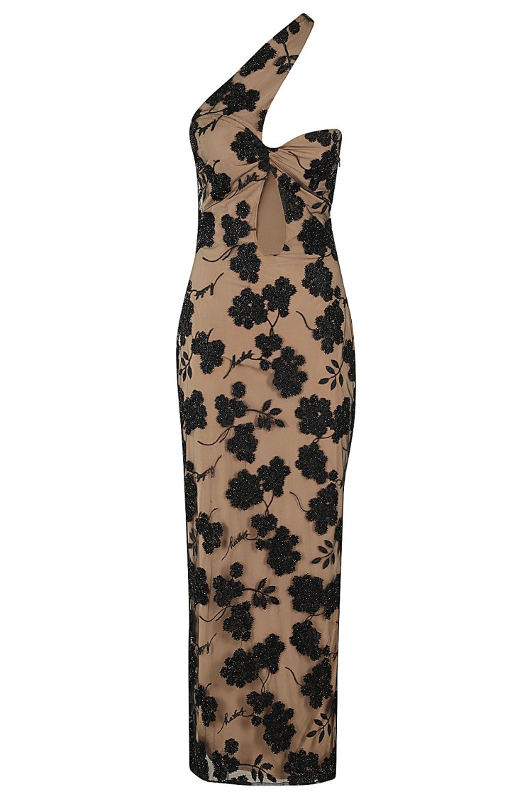 Rotate Birger Christensen Floral Bead Midi Dress In Beige And Black In Black