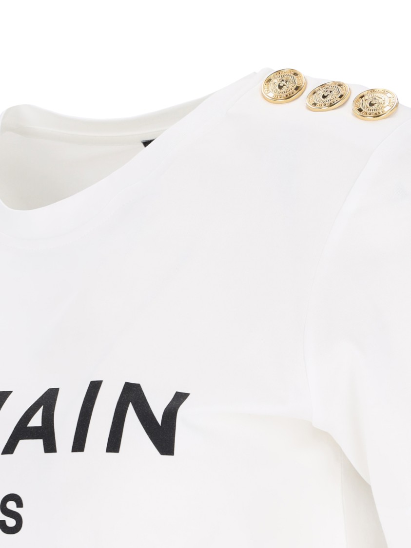 Balmain White Crewneck T-shirt With Logo Print And Golden Buttons In Jersey Woman