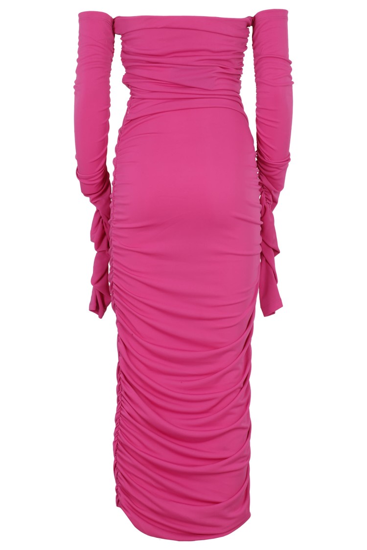 The Andamane Fuchsia Off-shoulder Mini Dress With Draped Sides In Pink
