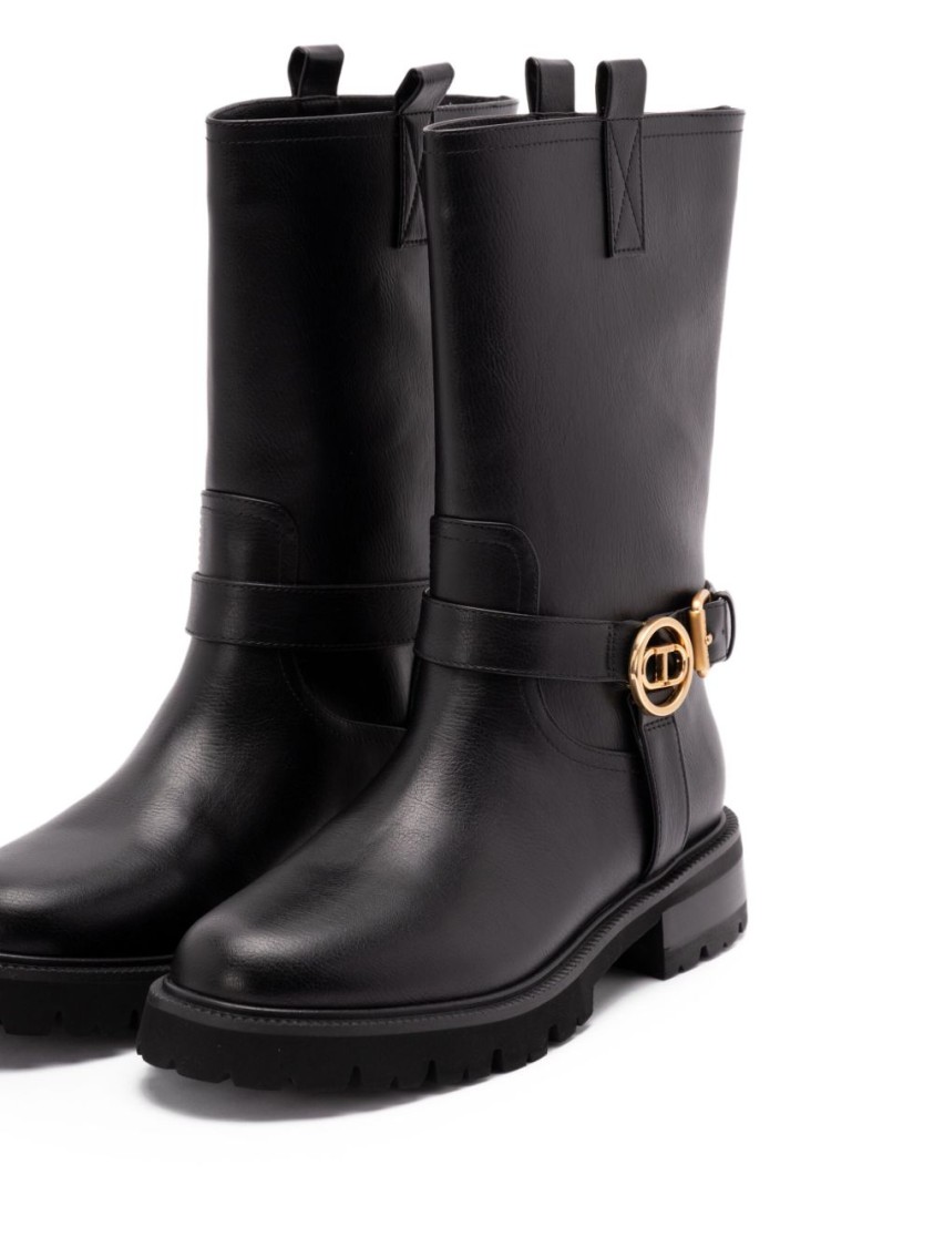 Twinset Twin-set Mid-calf Black Leather Boots With Buckle Fastening In Black