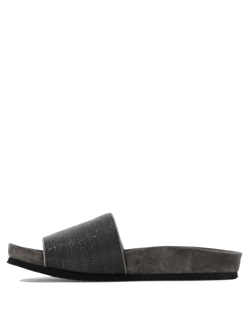 Brunello Cucinelli Textured Grey Leather Sandals In Gray