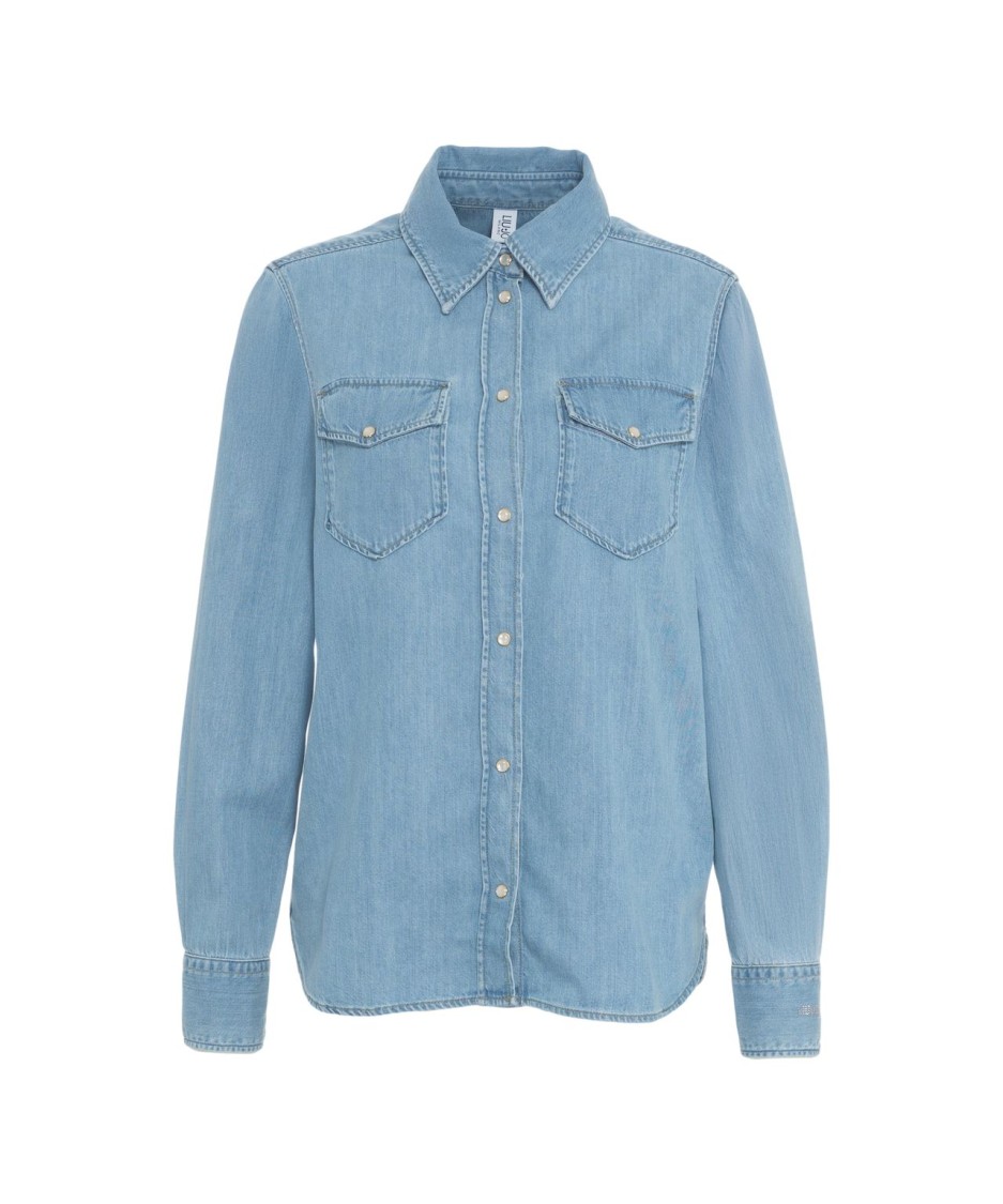 Liu •jo Liu Jo Kent Collar Denim Shirt With Rhinestone Applications In Blue