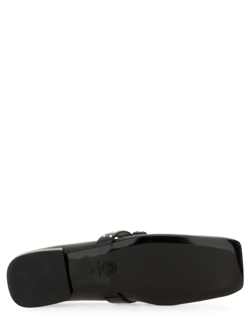 Versace Gianni Ribbon Leather Ballerina Flats With Studded Bow In Black
