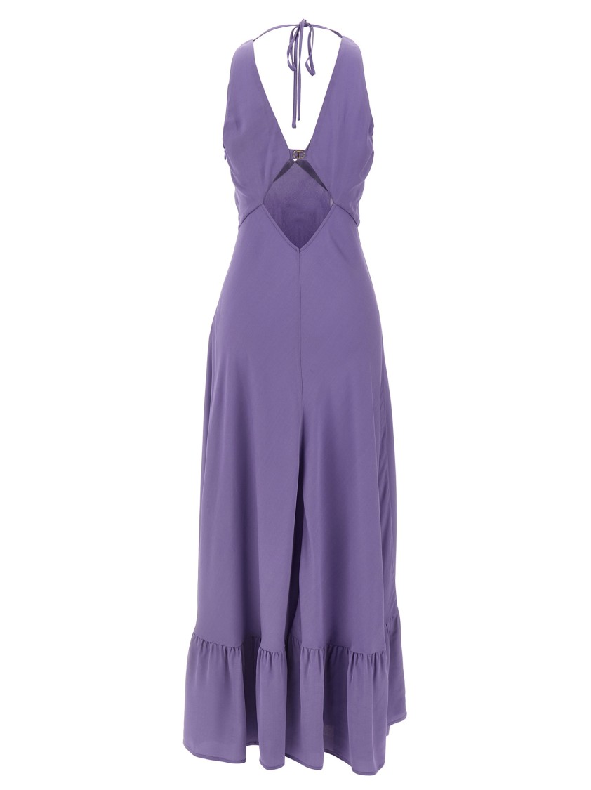 Twinset Twin-set Deep V-neck Maxi Dress With Flounced Hem In Purple
