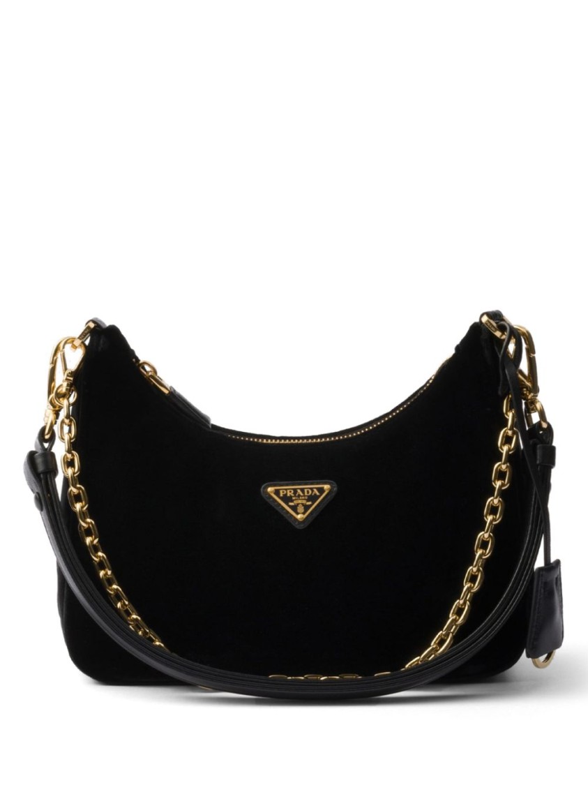 Prada Curved Black Bag With Gold Chain Strap And Logo Plaque In Black
