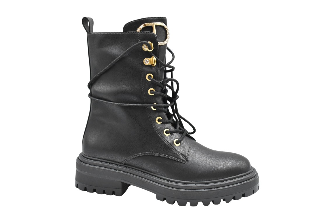 Shop Twinset Twin-set Laced Black Leather Boots With Gold Eyelets