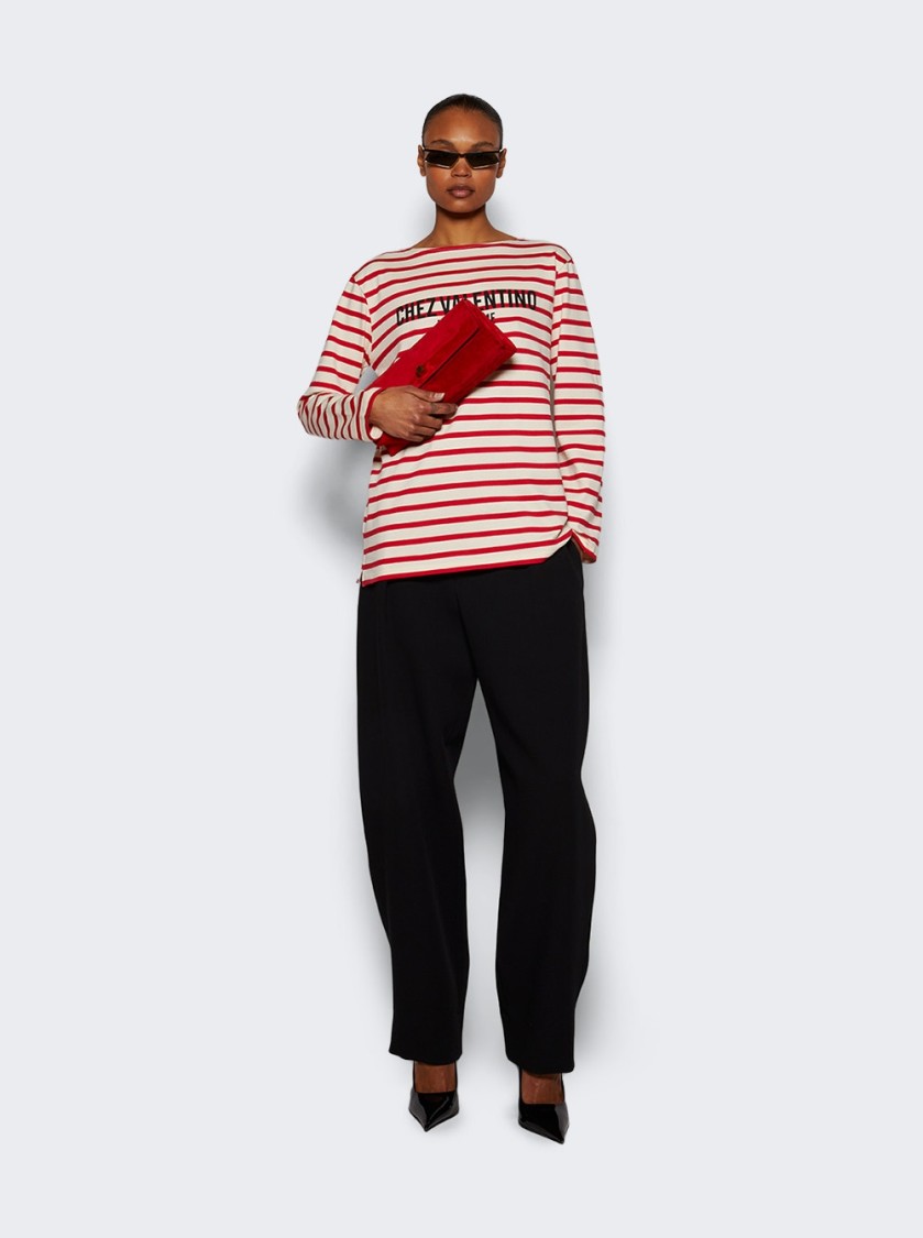 Valentino Striped Cotton Jersey Long Sleeve T-shirt Ivory And Red In Red