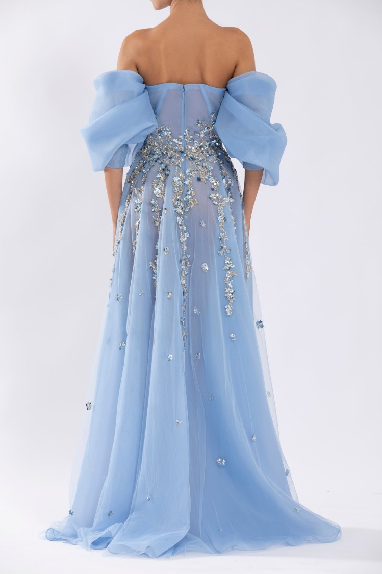 Saiid Kobeisy Organza Dress With Dotted Beading And Pleated Of-shoulder Sleeves In Multi