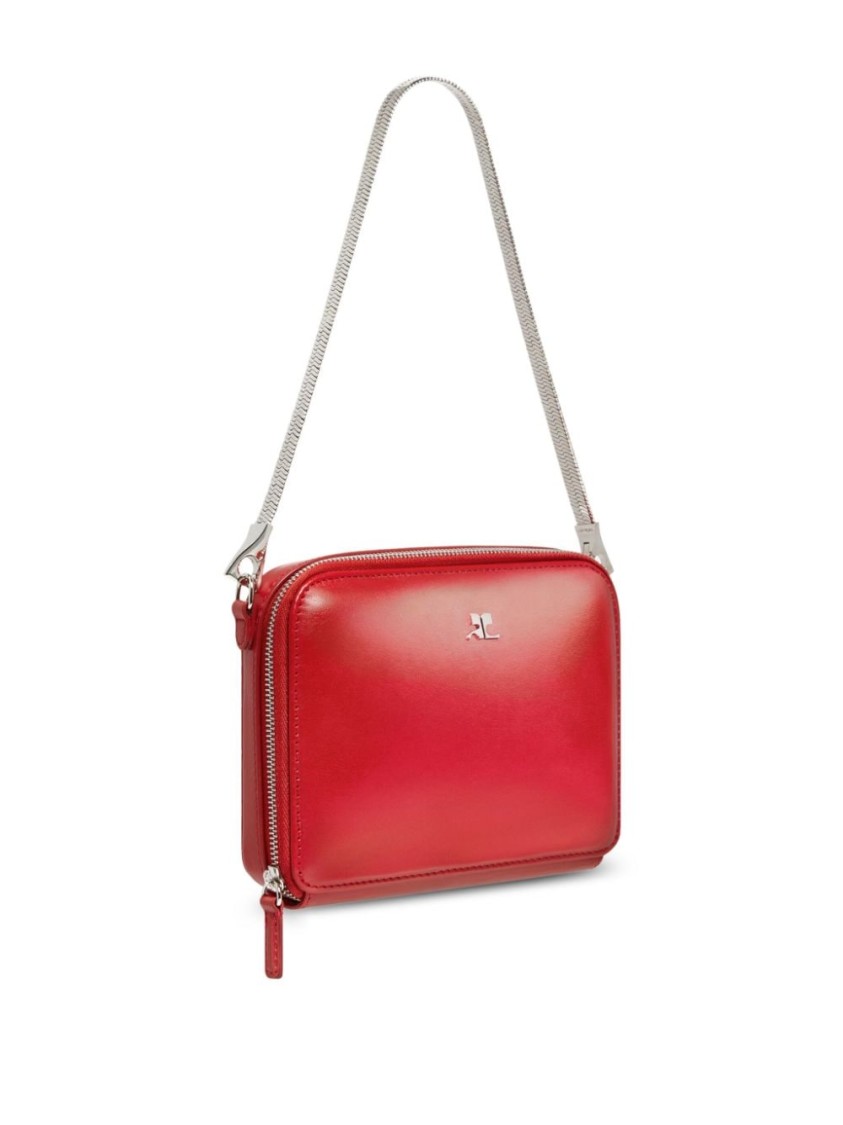 Shop Courrèges Ruby Red Calf Leather Shoulder Bag With Silver-tone Accents