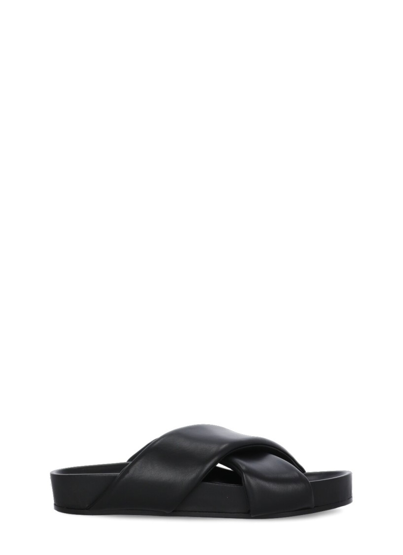 Jil Sander Black Leather Padded Slipper With Cross-straps In Black