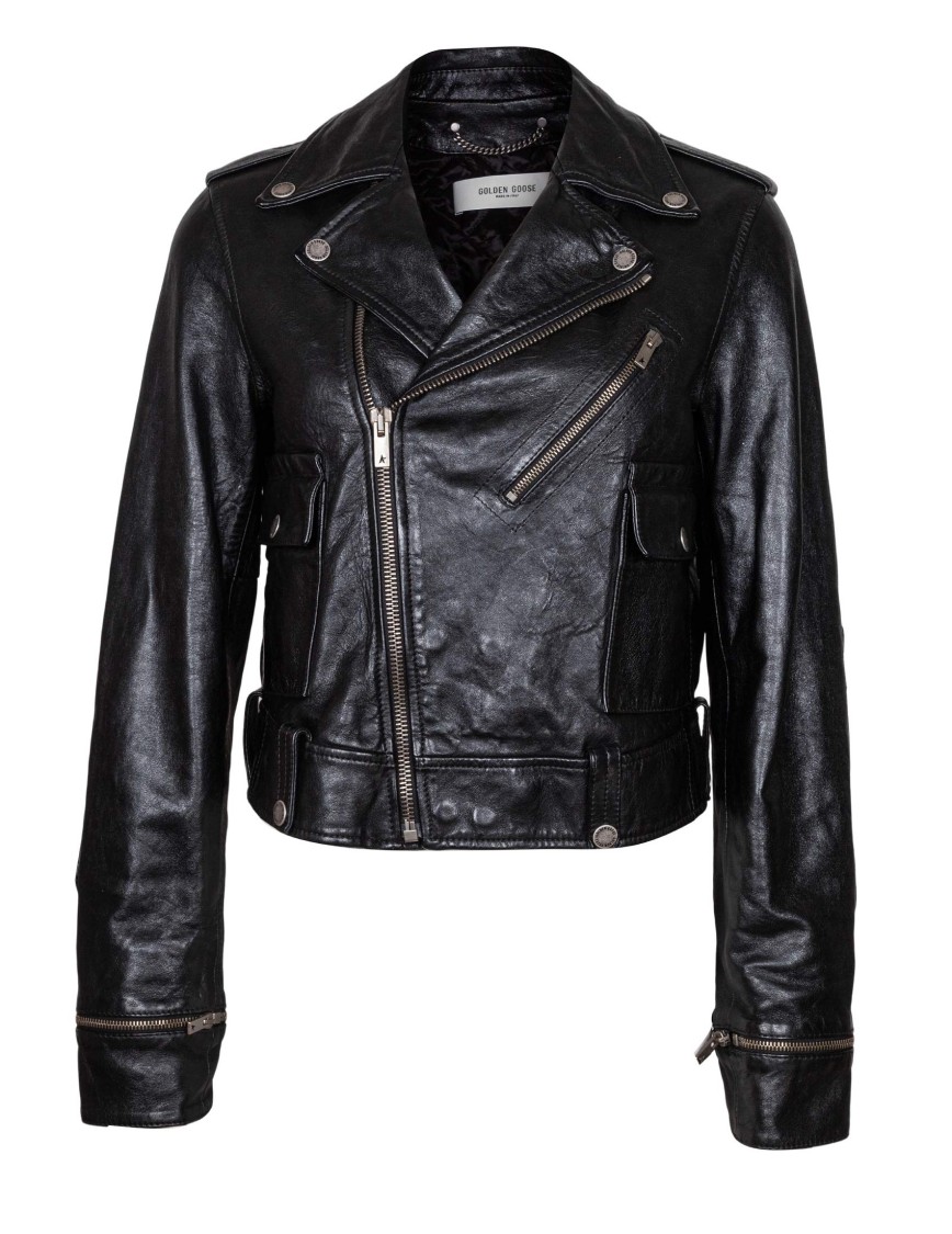 Shop Golden Goose Leather Bike Jacket Color Black