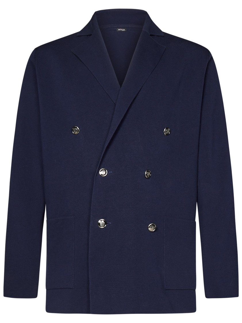 Shop Kiton Navy Cotton Double-breasted Blazer With Peak Lapels