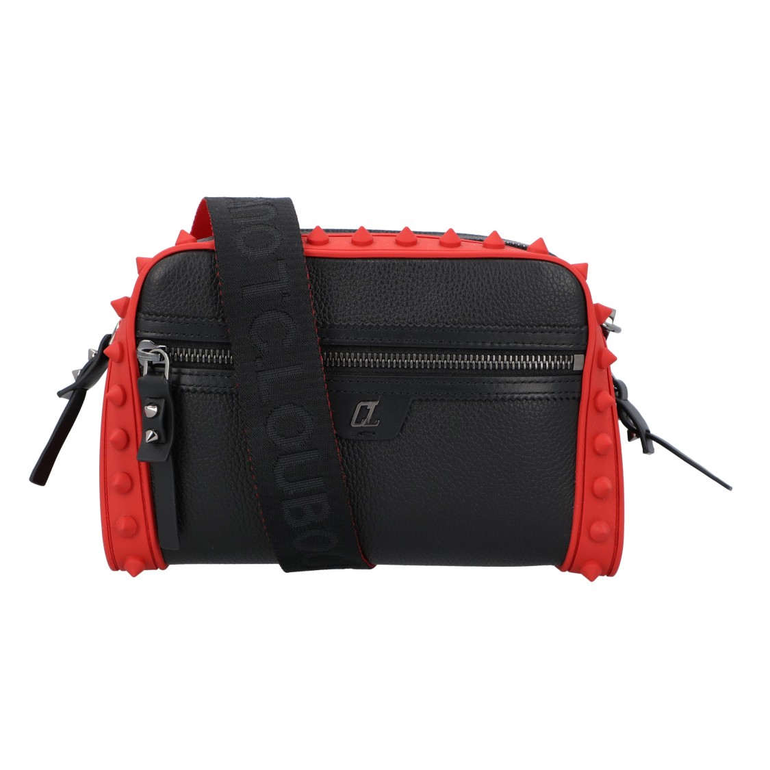 Christian Louboutin Sophisticated Black Grained Calfskin Messenger Bag With Signature Red Accents In Black