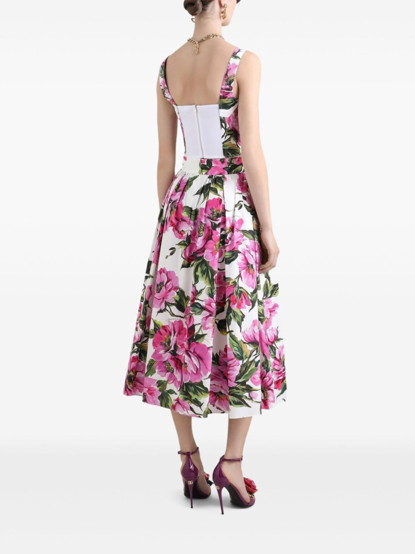 Dolce & Gabbana Pink Circle Midi Skirt With All-over Peony Motif In Multicolor