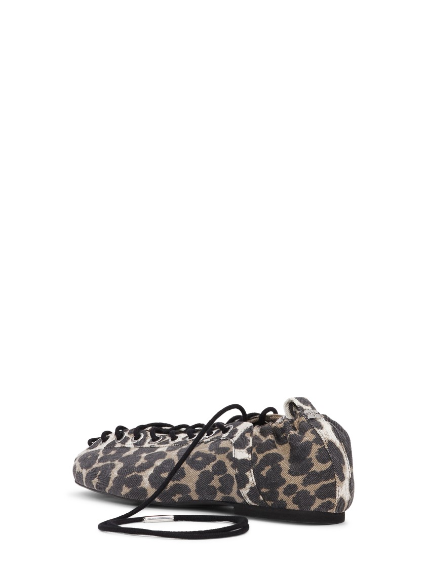 Ganni Denim Print Lace-up Ballerina Flats With Leopard Pattern In Black