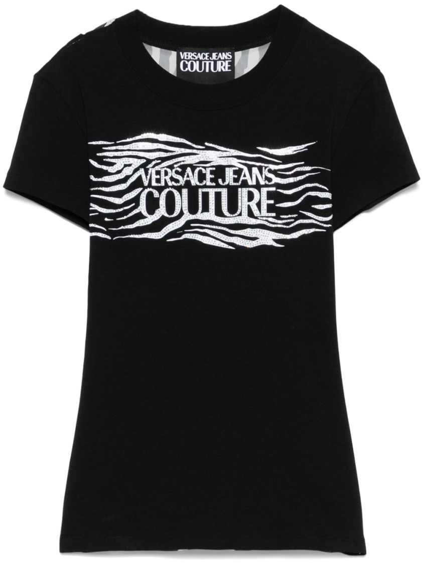 Shop Versace Jeans Couture Black T-shirt With Zebra Print Sheer Panel