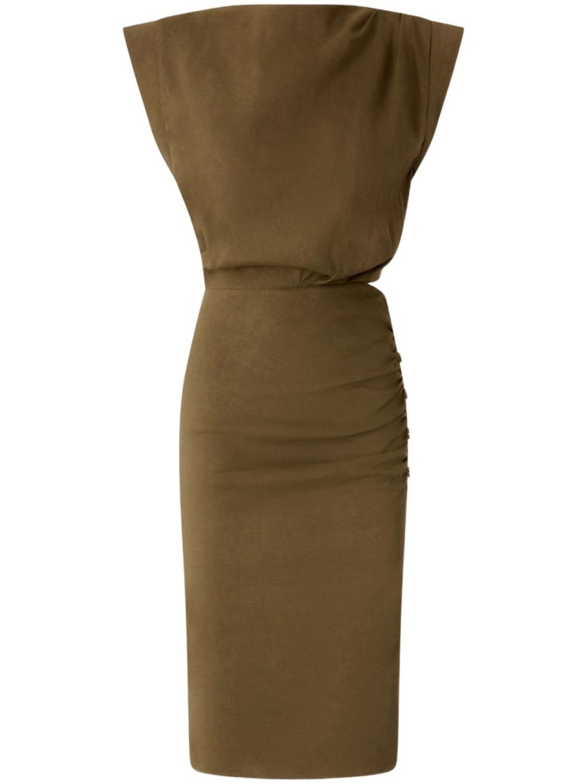 Shop Pinko Off-the-shoulder Green Dress With Ruching