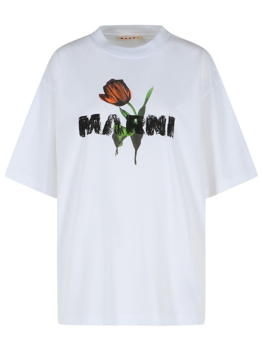 Marni White Cotton T-shirt With Tulip Print Women In White