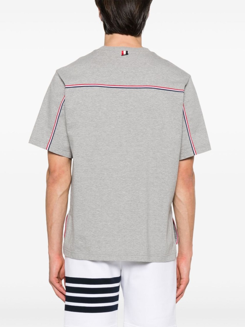 Thom Browne Grey Crewneck T-shirt With Logo Patch On The Front And Striped Detail On The Rear In Cotton Man In Gray