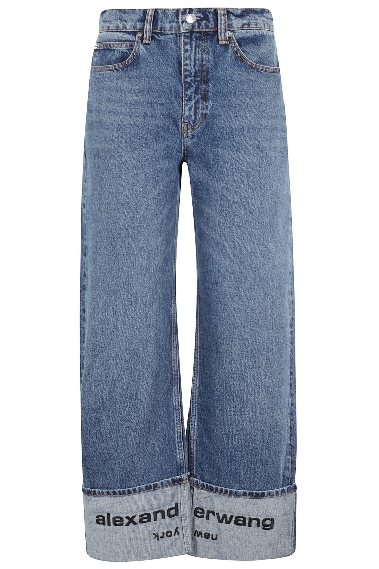 Alexander Wang Mid Rise Straight Jean With Embroidered Cuff In Blue