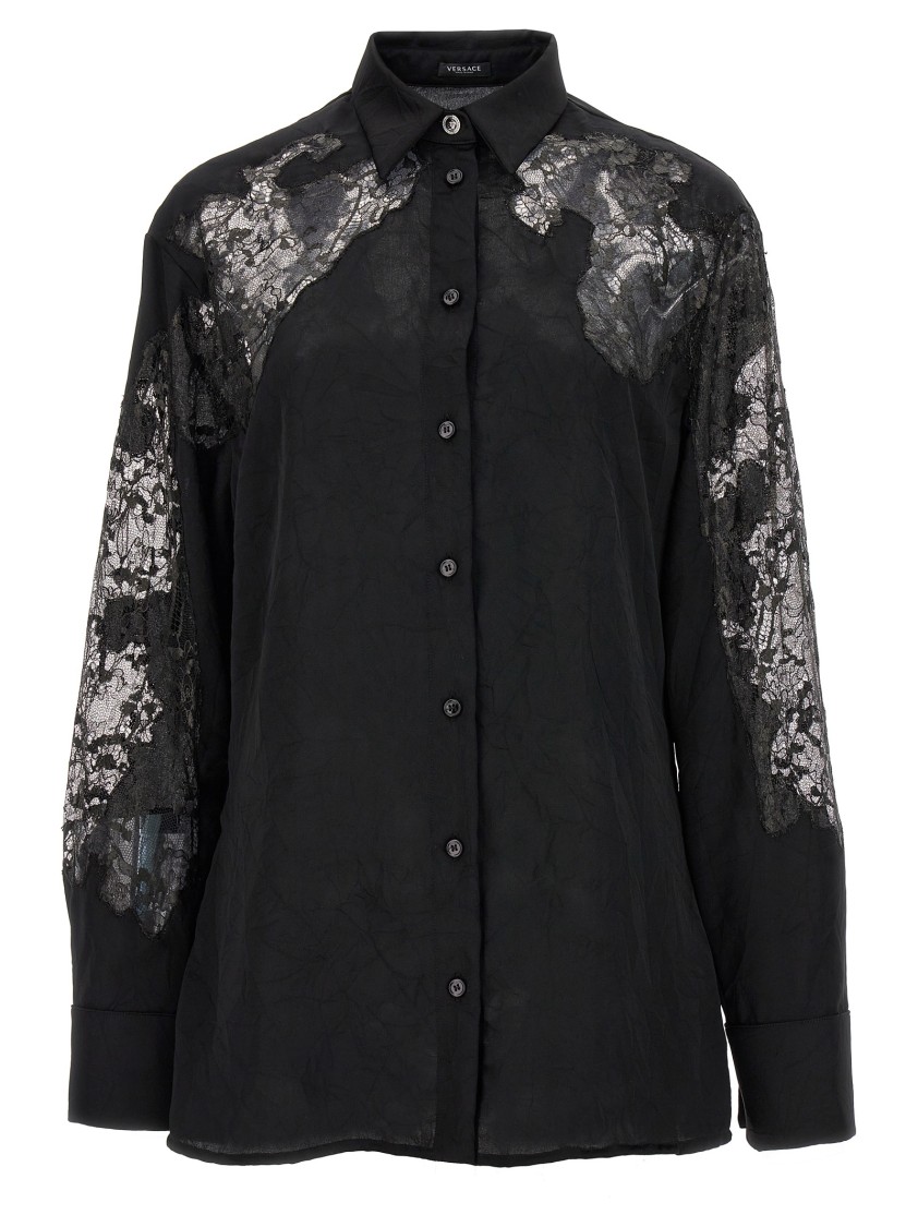 Versace Recycled-effect Satin Shirt With Lace Inserts In Black