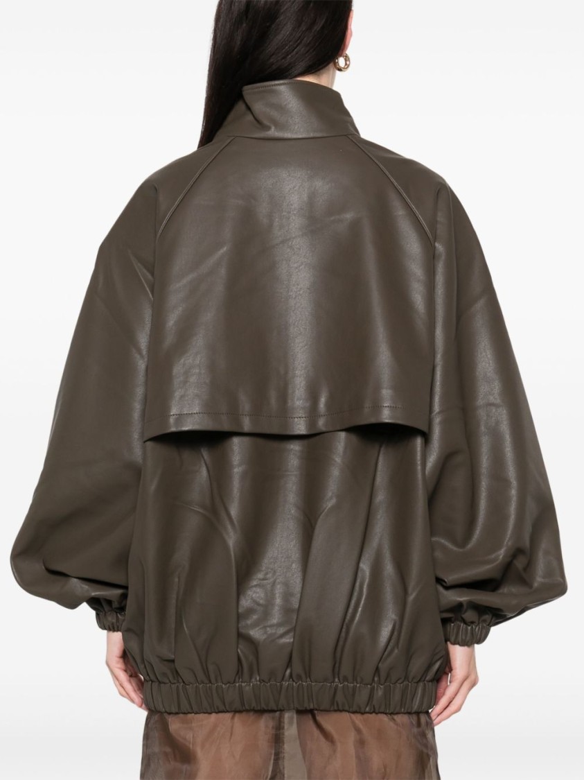 The Frankie Shop Oversized Faux Leather Bomber Jacket With Puff Sleeves In Brown