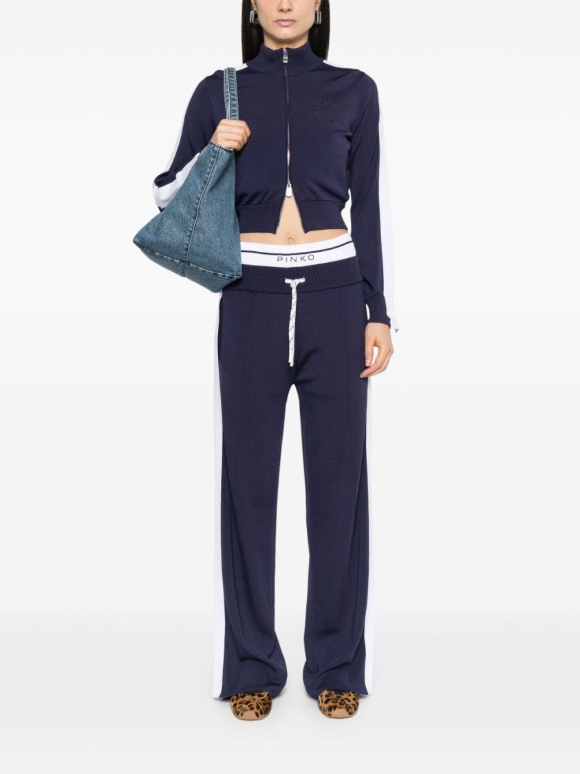 Shop Pinko Cropped Blue And White Sweater With High Collar