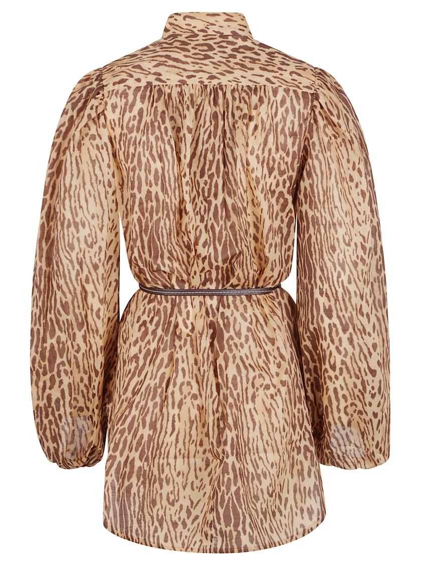 Zimmermann Cascadian Beige Tunic Dress With Stand-up Collar And All-over Leopard Print In Linen Woman In Brown
