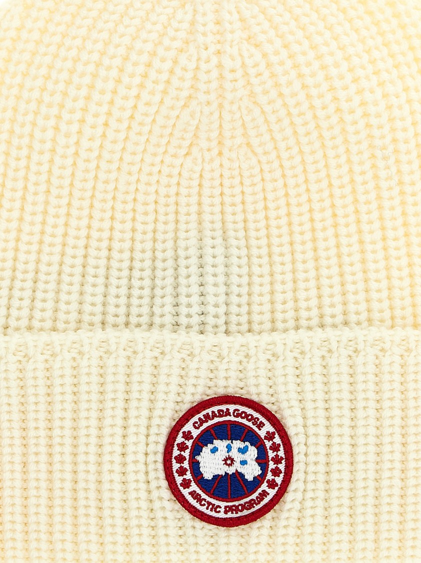 Canada Goose White Logo Beanie Hat In Neutral
