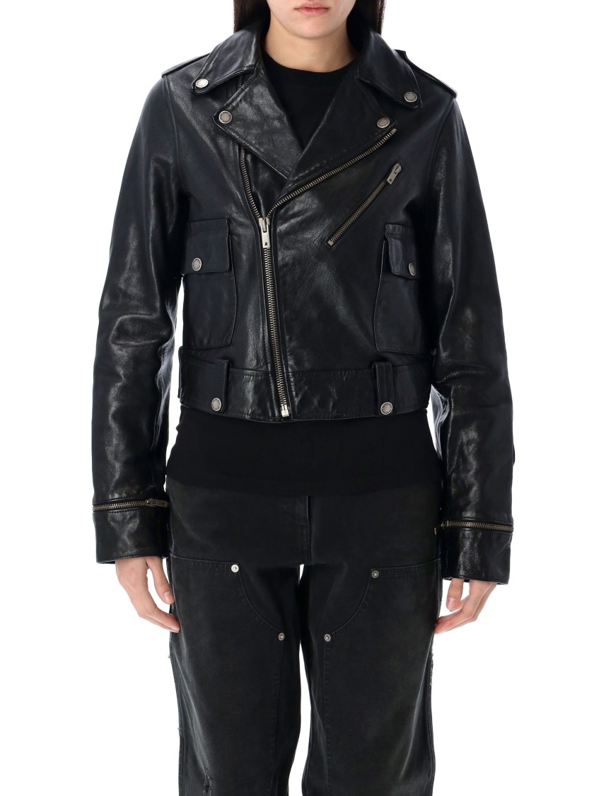 Shop Golden Goose Cropped Black Leather Biker Jacket With Zip