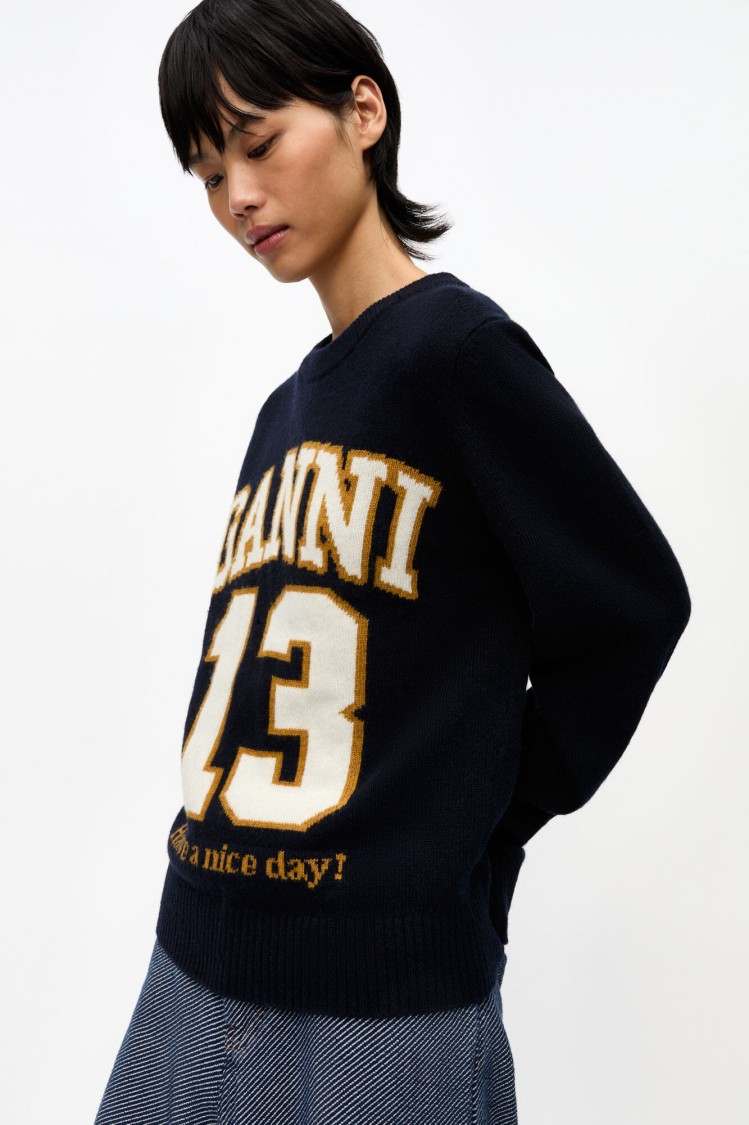 Ganni Women Logo Graphic Baseball Wool Mix Sweater