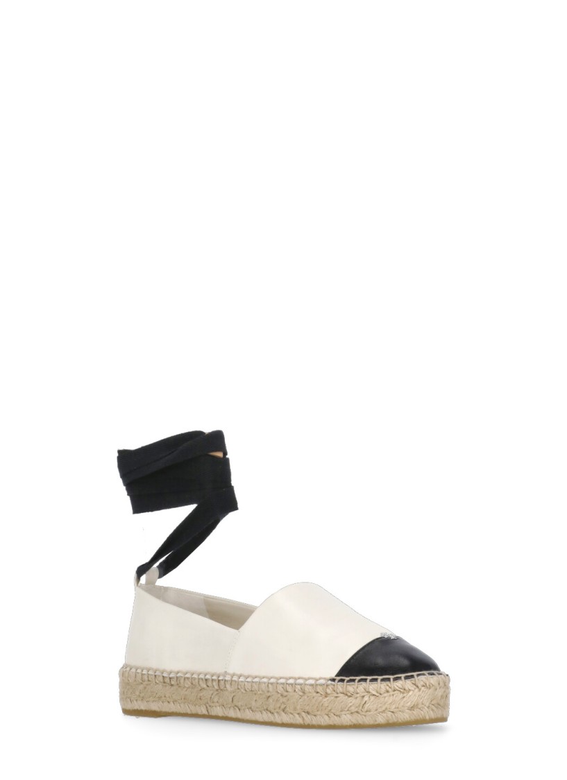 Tory Burch White Espadrilles With Metallic Logo On The Front And Ankle Strap In Leather Woman In Neutral