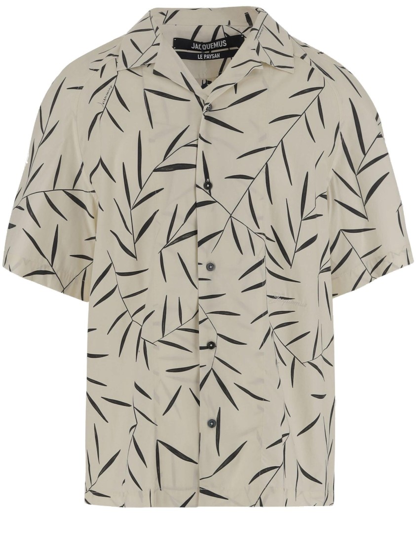 Jacquemus Cotton Poplin Shirt With Foliage Print And Embroidered Logo In Gray