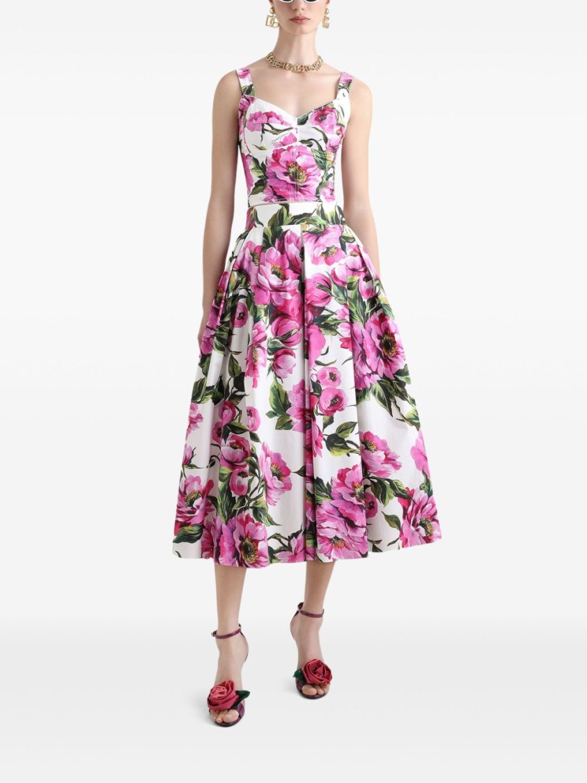 Dolce & Gabbana Pink Circle Midi Skirt With All-over Peony Motif In Multicolor
