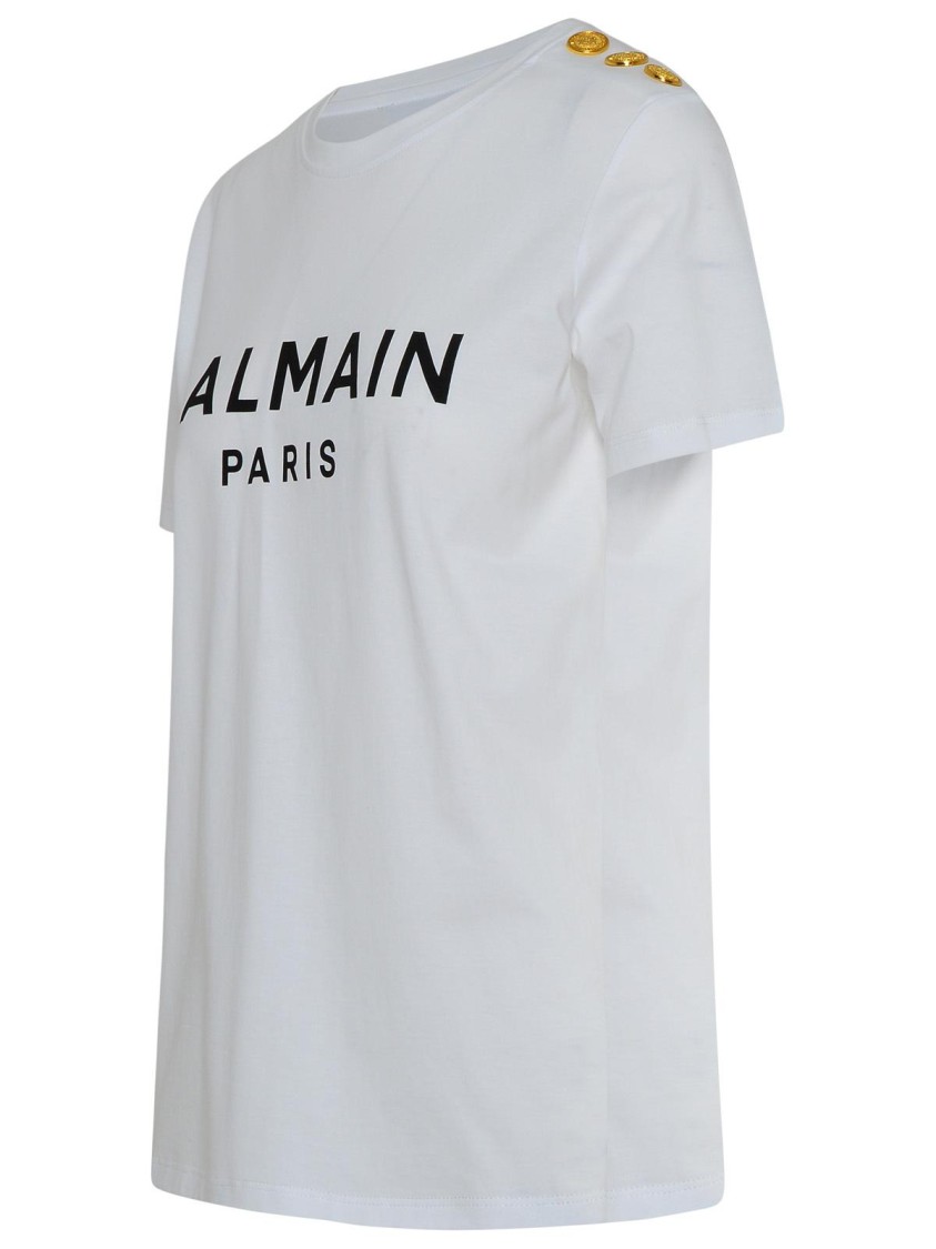 Balmain White Crewneck T-shirt With Logo Print And Golden Buttons In Jersey Woman In White