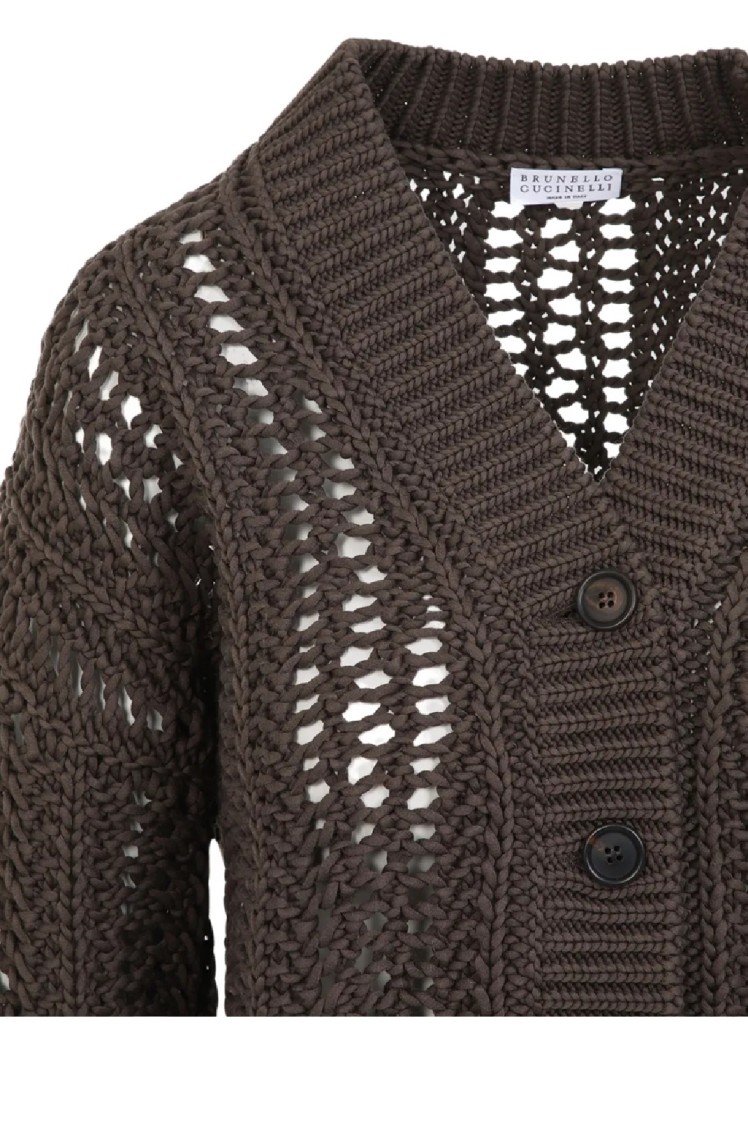Brunello Cucinelli Cropped Open-knit Cardigan With Deep V-neckline In Brown