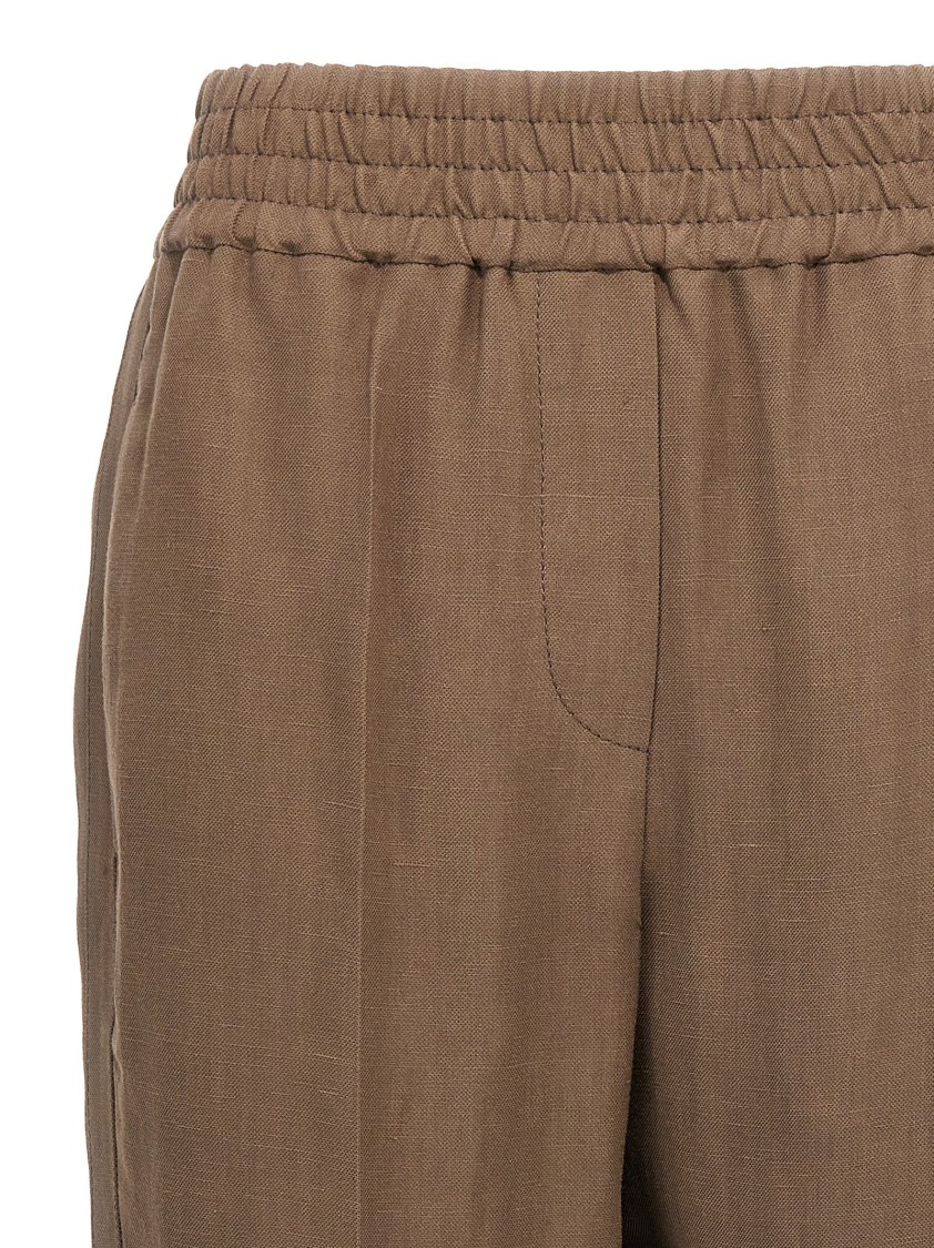 Brunello Cucinelli Brown Linen Blend Trousers With Elastic Waistband In Brown