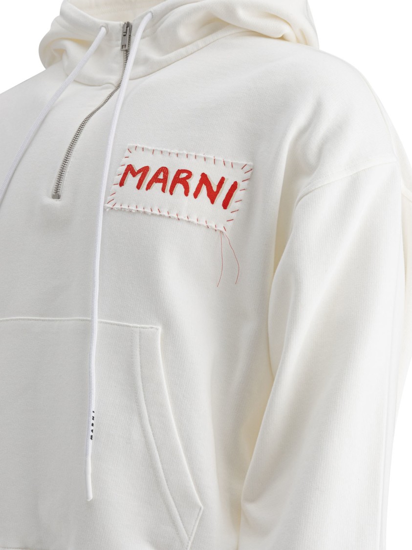 Marni Cropped White Logo Hoodie With Drawstring In White