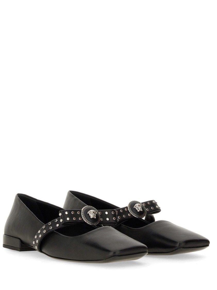 Versace Gianni Ribbon Leather Ballerina Flats With Studded Bow In Black