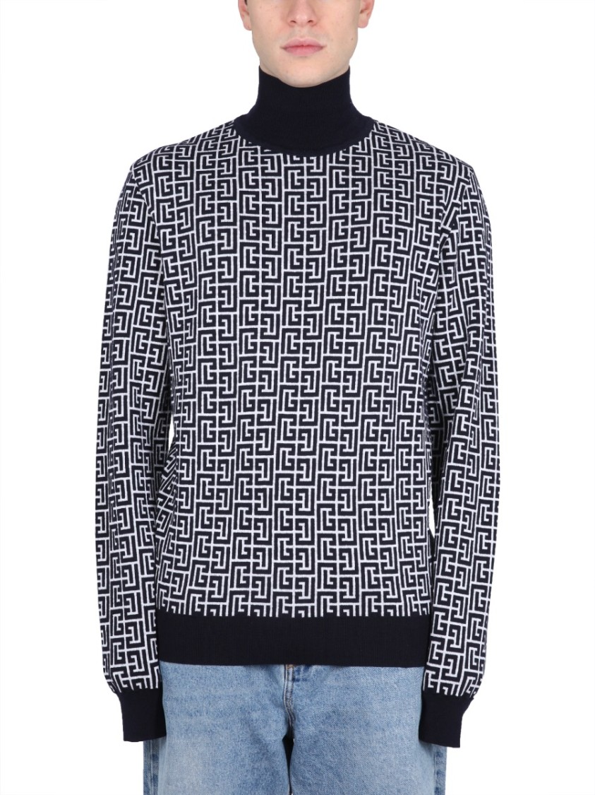 Shop Balmain High-neck Sweater With All-over Monogram Pattern In Grey