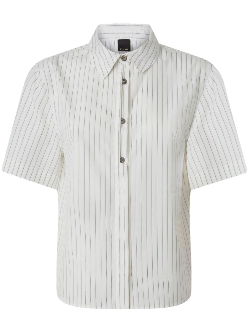 Shop Pinko Multicolored Striped Short Sleeve Button-up Shirt In White