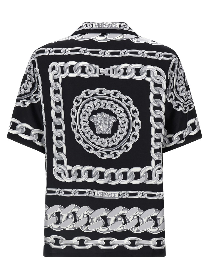 Versace Black And White Bowling Shirt With Cuban Collar And All-over Chain-link Print In Silk Man In Multi