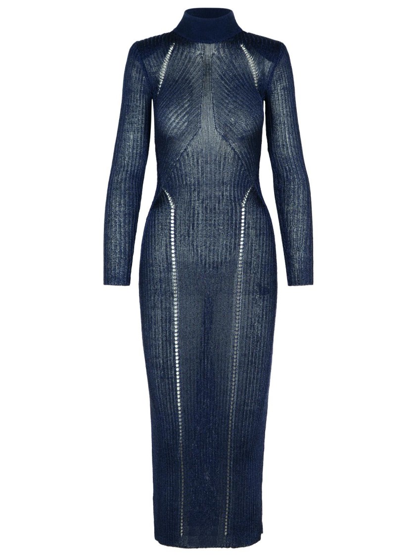 Self-portrait Ribbed Lurex Knit Turtleneck Maxi Dress In Blue