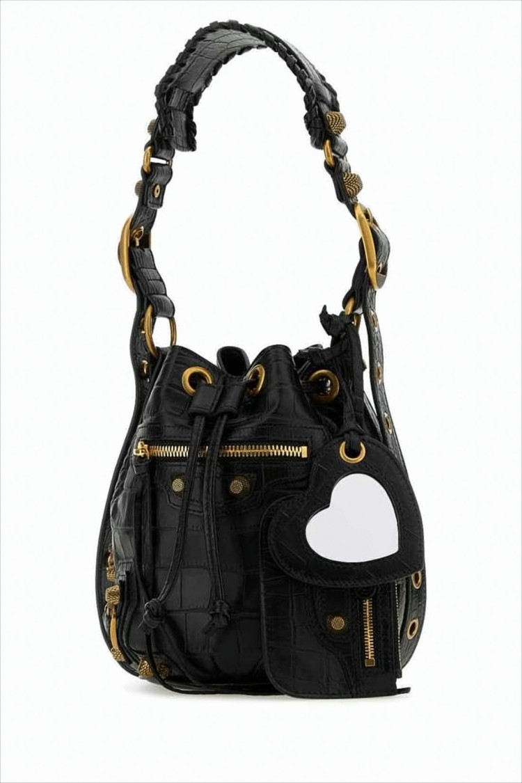 Balenciaga Textured Black Shoulder Bag With Gold-Tone