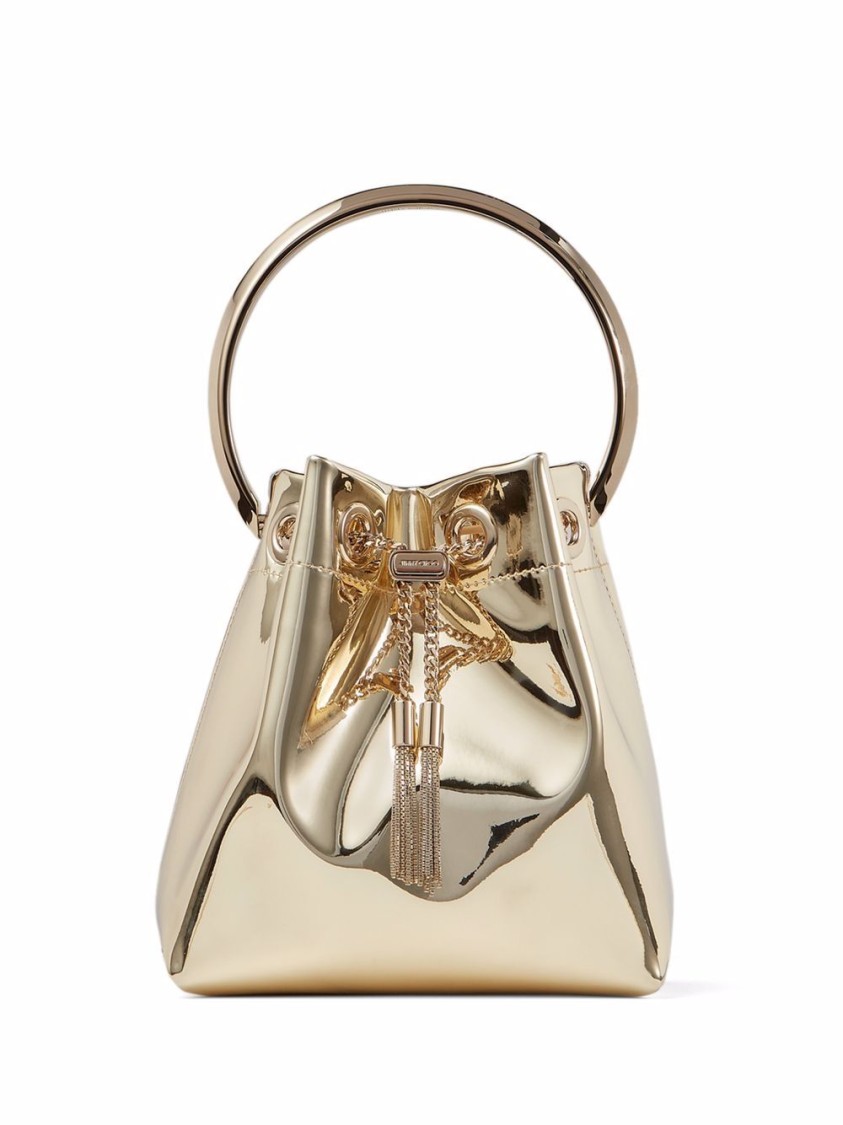 Jimmy Choo Shiny Mirror-effect Bon Bon Bag With Chain Drawstring And Metal Handle In Gold