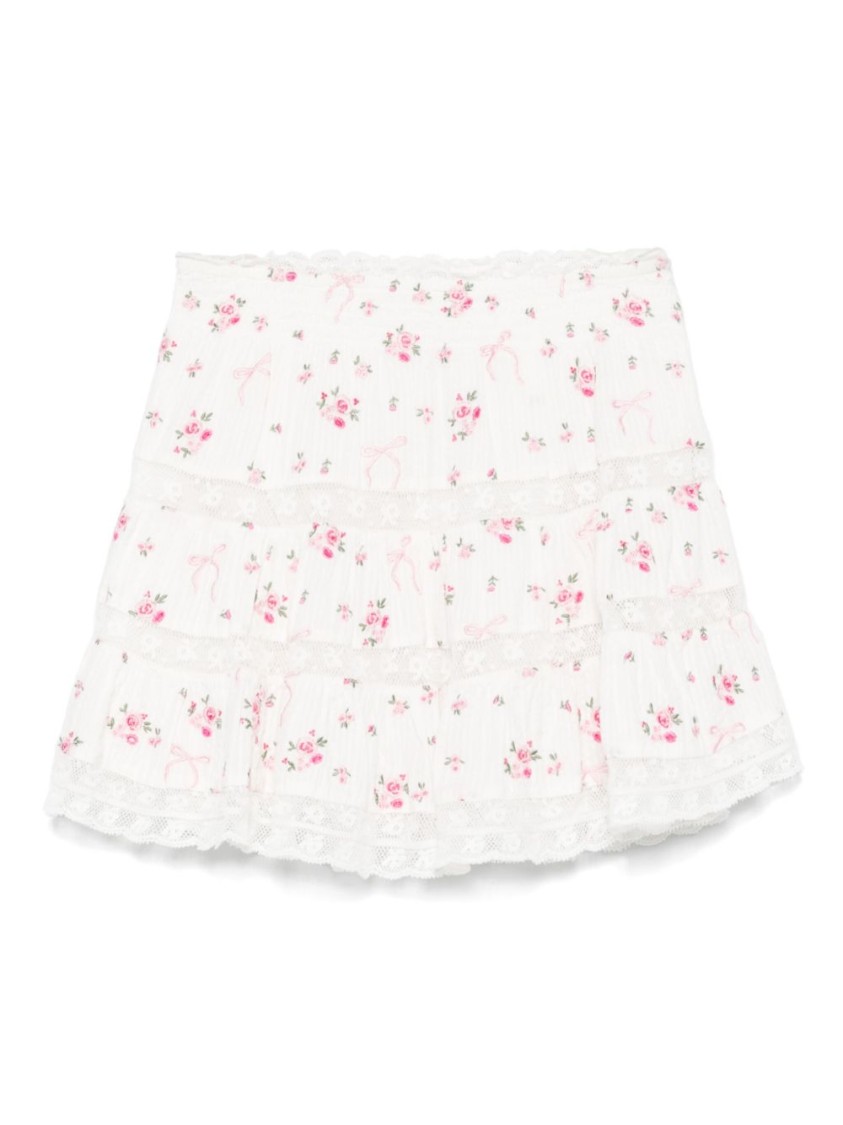 Loveshackfancy Smocked Waist Tiered Mini Skirt With Floral Embroidery In White