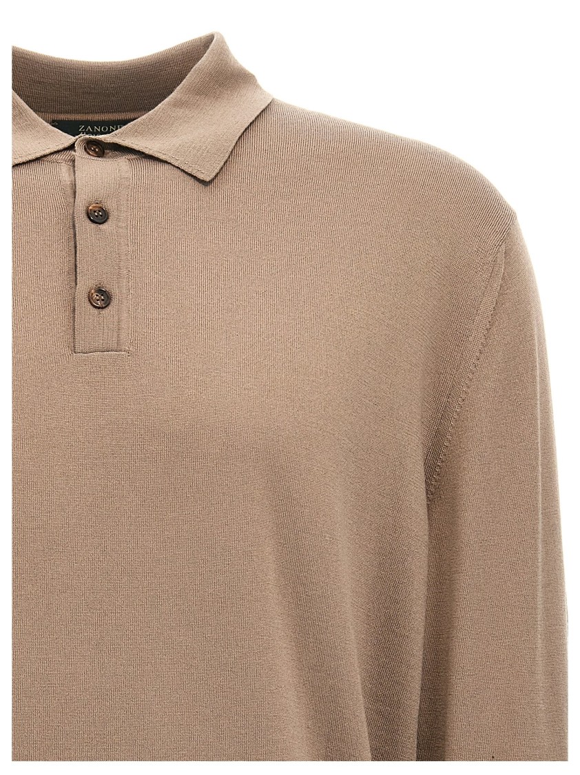 Zanone Wool Knit Polo Shirt With Classic Collar And Cuffed Sleeves In Brown