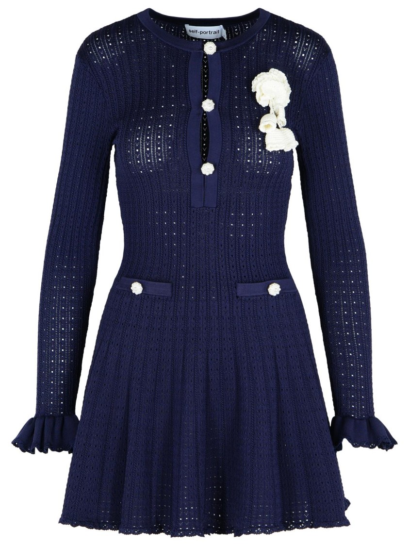 Self-portrait Perforated Knit Short Dress With Removable Lace Brooch In Blue