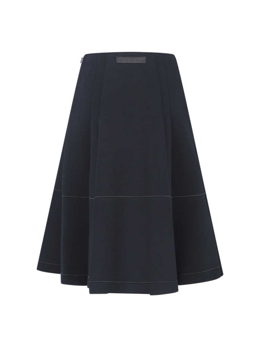 Marni Pleated Midi Skirt With Logo Patch – Black In Blue
