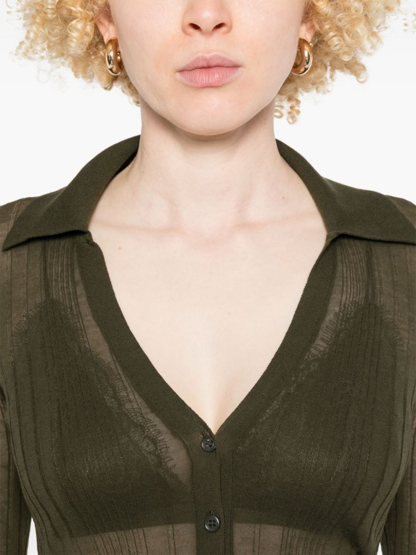 Pinko Ribbed Long-sleeved Top With Deep V-neckline In Green